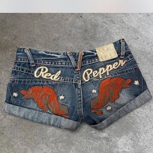 Red Pepper Japanese denim low rise shorts with unique embroidery